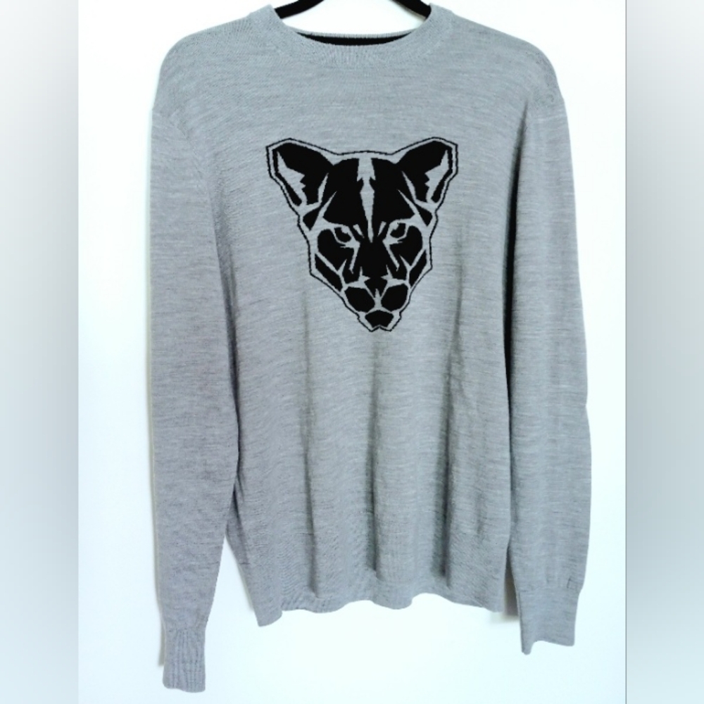 MR. TURK Men's 100% Merino Wool Gray Sweater with Black Panther Size Large